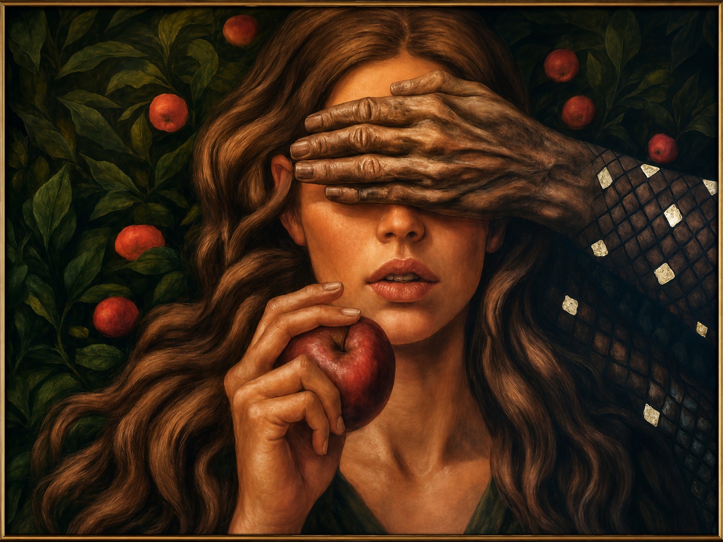 Concept artwork: a woman holding an apple, her eyes covered by a hand, framed in gold amid an orchard