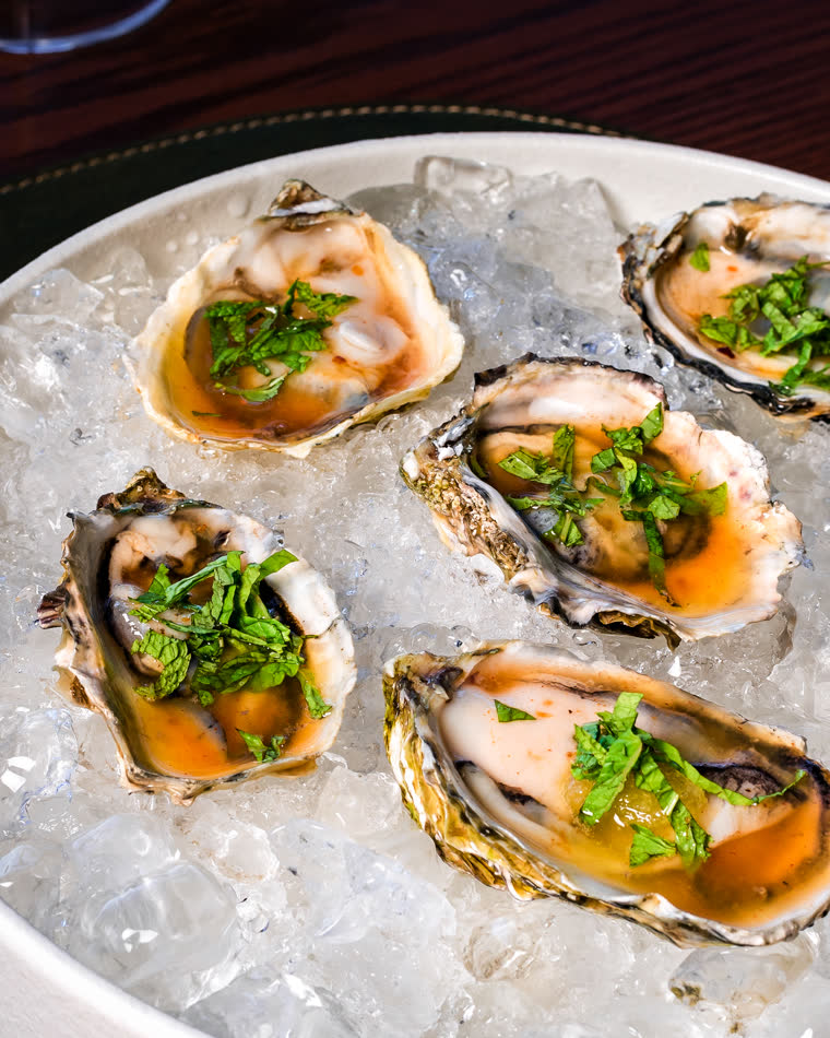 Fresh oysters on crushed ice with herb dressing